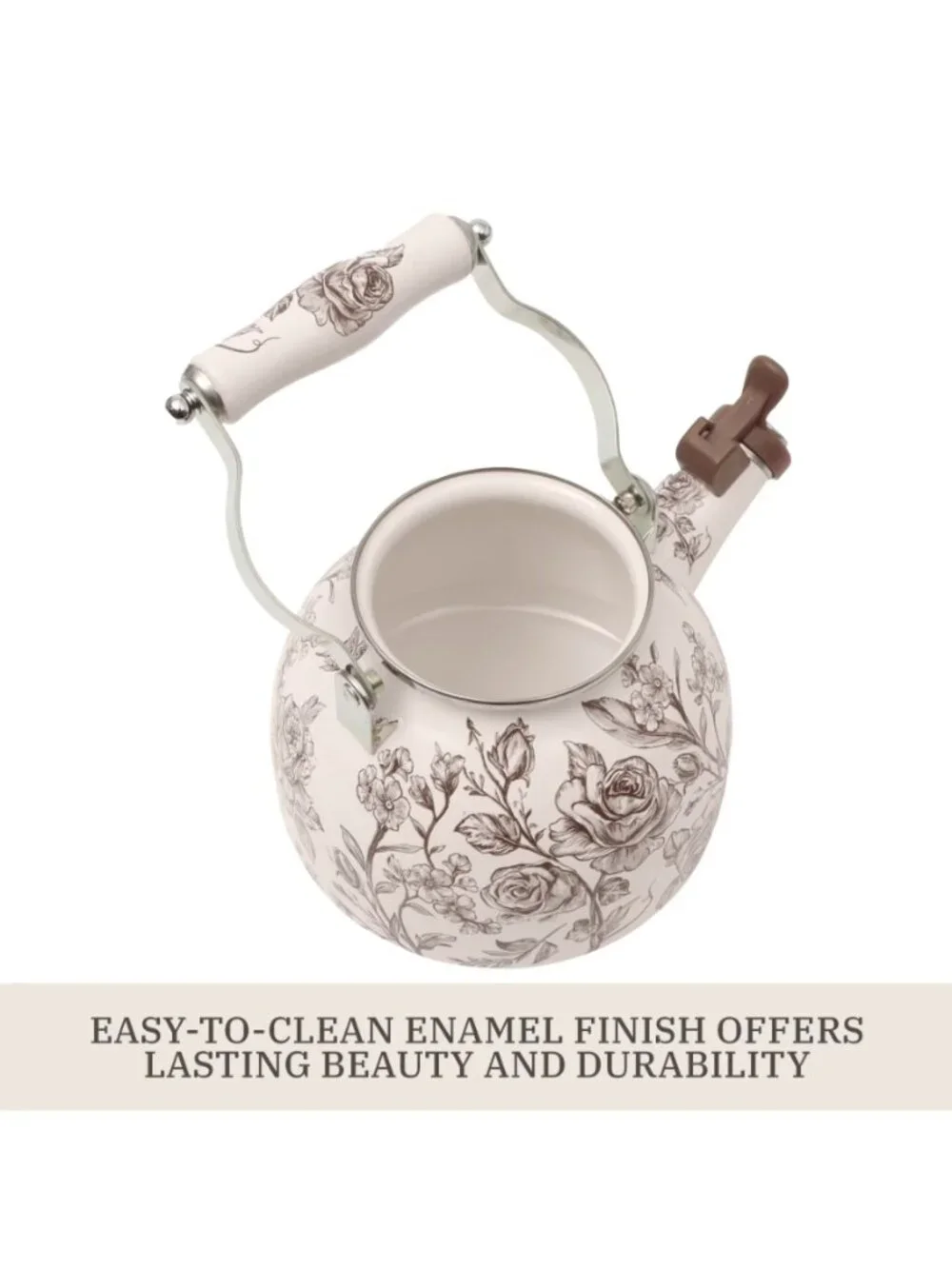 The Pioneer Woman Brown Enamel on Steel Agatha 2.0-Quart Whistling Tea Kettle